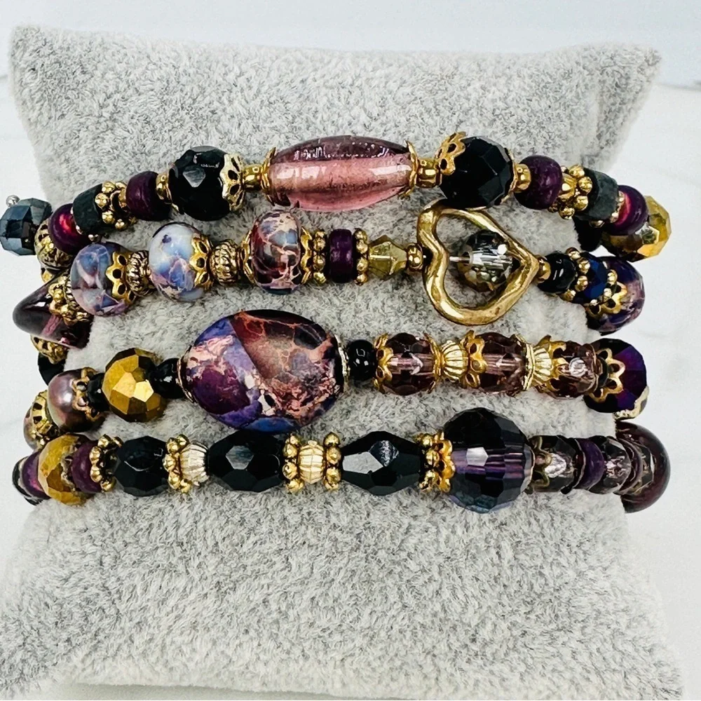 Glass & Stone Wrap Bracelet Faceted Aurora Borealis Beads Purple Black Gold Glam